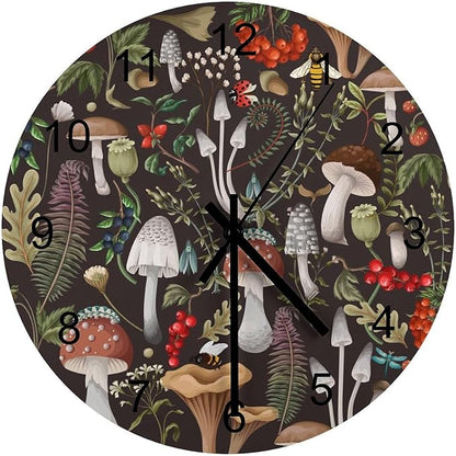Botanical Wall Clock, Vintage Cartoon Abstract Botanical Mushroom Plants Pattern Round Clocks Wall Decor Silent No Ticking 12 Inch Wooden Clock for Bedroom Living Room Home Office
