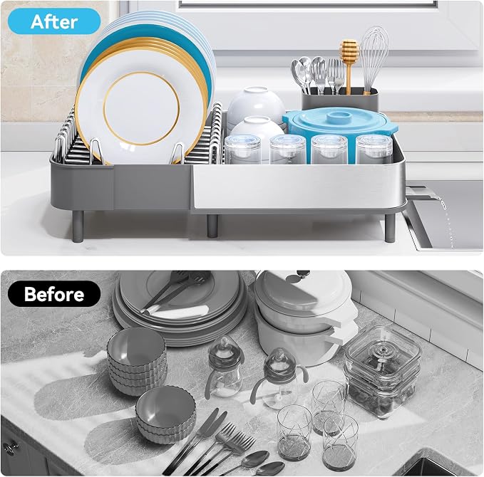 Urackify Dish Drying Rack - Dish Drainer for Kitchen Counter, Stainless Steel Dish Rack with Swivel Draining Spout & Drain Board, Expandable Space-Saving Kitchen Dish Organizer for 3-4 People, Grey
