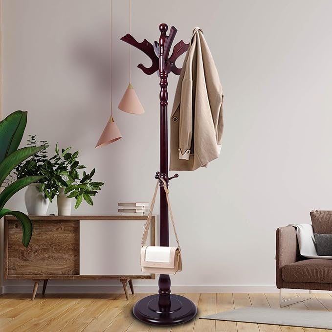 Wooden Coat Rack Freestanding with 11 Hooks Bird Style, 71'' Vintage Coat Racks Tree, Adjustable Height, Coat Hanger Stand with Sturdy Base, Coat Tree Hats Hanger for Living Room, Bedroom, Entryway
