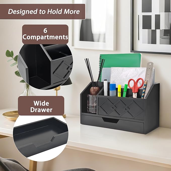 Black Wooden Mail Organizer with Drawer, Three Tiered Desk Accessories for Office Organization and Storage, Stylish Countertop Document Storage, Home/Office/Classroom Supplies (Black01)