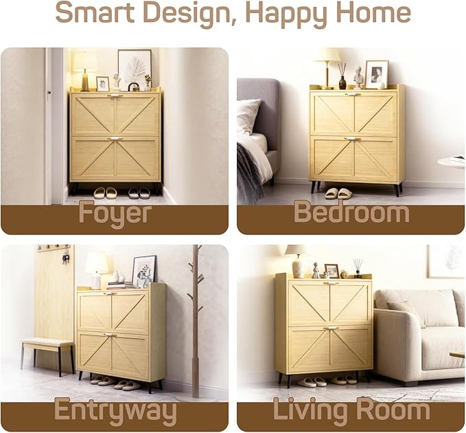 Shoe Storage Cabinet for Entryway with 2 Flip Drawers, Narrow Metal Slim Shoe Cabinet, Freestanding Hidden Shoe Organizer for Foyer, Hallway, Entryway - Wood Color