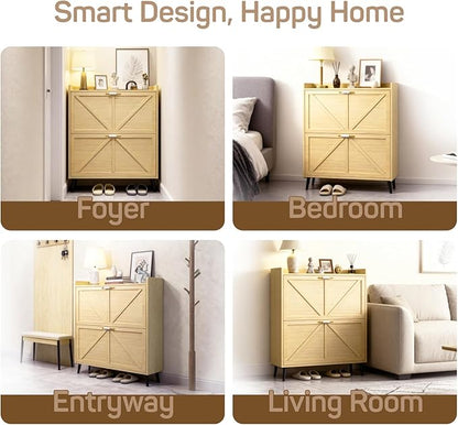 Shoe Storage Cabinet for Entryway with 2 Flip Drawers, Narrow Metal Slim Shoe Cabinet, Freestanding Hidden Shoe Organizer for Foyer, Hallway, Entryway - Wood Color