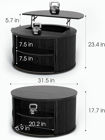 JOINICE 31.5" Black Round Lift Top Coffee Table, Modern Fluted Drum Center Table with Hidden Storage, Minimalist Circle Wood Desk for Living Room & Small Apartment