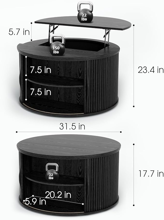 SULIVES Round Coffee Table with Lifting Top, Multifunctional Drum Coffee Table with Sliding Door, Small Fluted Center Table for Living Room, Black