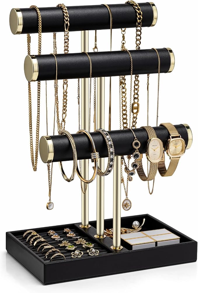 VLANDO 3 Tier Bracelet Holder Organizer with Tray - Leather Jewelry Stand Organizer for Women - Jewelry Holder Display for Necklace, Watches, Rings, Earrings, Bangle, Scrunchie - Black