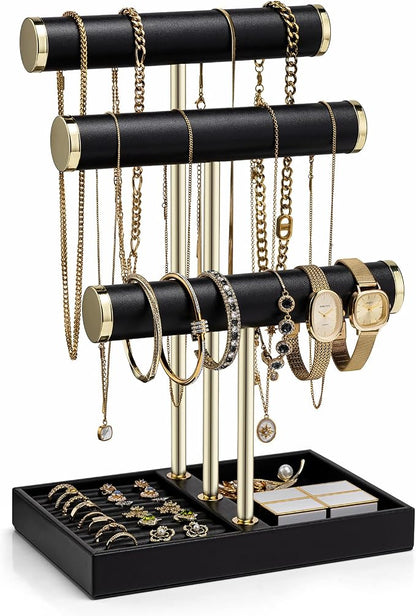 VLANDO 3 Tier Bracelet Holder Organizer with Tray - Leather Jewelry Stand Organizer for Women - Jewelry Holder Display for Necklace, Watches, Rings, Earrings, Bangle, Scrunchie - Black