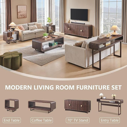 IFGET 48" Modern Coffee Table, 2-Tier Minimalist Center Table with Storage Shelf, Curved Profile Design, Wooden Rectangular Living Room Table w/Wood Thick Design for Living Room, Office, Brown