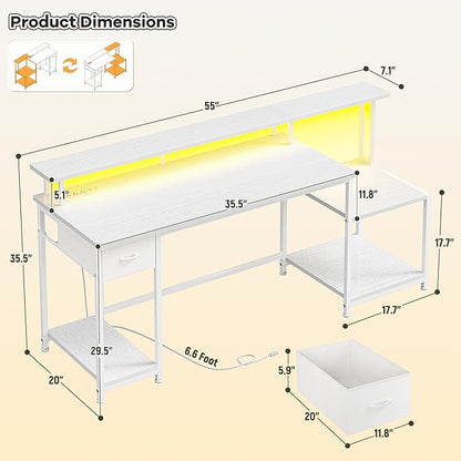 55 Inch Computer Desk with Monitor Shelf&LED Lights,Home Office Desk with Power Outlet&Printer Storage Shelves,Gaming Desk with Drawer,White Study Table for Bedroom Home Office