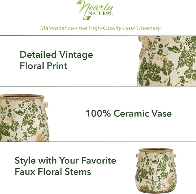 Nearly Natural 6.5in Ceramic Decorative Vase Tuscan Style Green Floral Scroll Design for Indoor Home Decor Centerpieces Tables Small Flower Vases