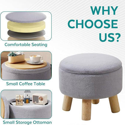 Small Foot Stool Ottoman with Storage, Soft Faux Fur Ottoman Foot Rest for Couch, Round Footstool with Storage, Small Ottomans and Footstools for Living Room and Entryway (Gray)
