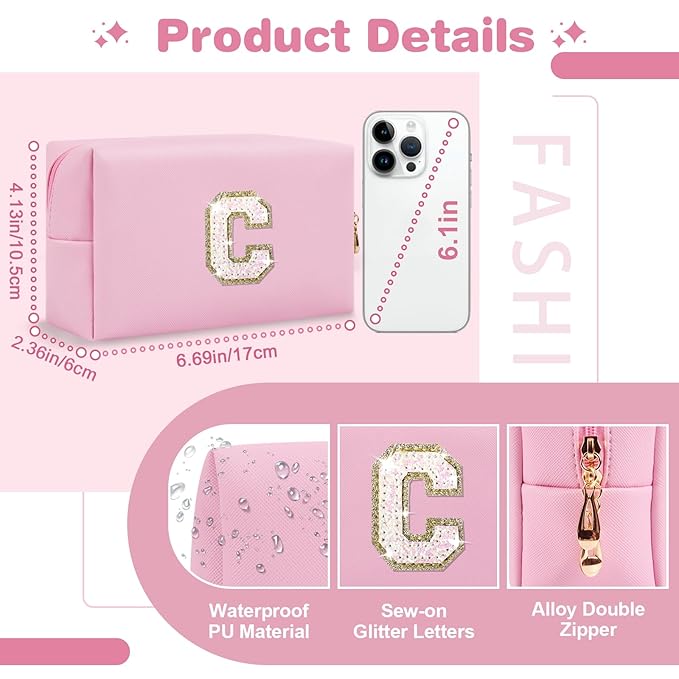 Small Personalized Initial A-Z Patch Makeup Bag,Pink Cute PU Leather Glitter Letter Cosmetic Bag for Teen Girls,Travel Toiletry Bag with Zipper,Preppy Monogrammed Birthday Gift for Daughter Niece C