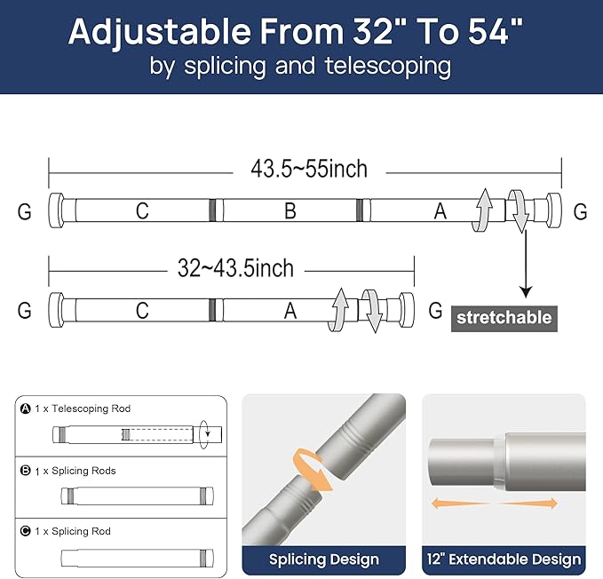 ENJOYBASICS 2 Pack Adjustable Spring Tension Curtain Rods 32 to 54 Inches, Stainless Steel Nickel Shower Rod No Drilling for Window, Bathroom, Closet, Room Divider, 7/8" Diameter
