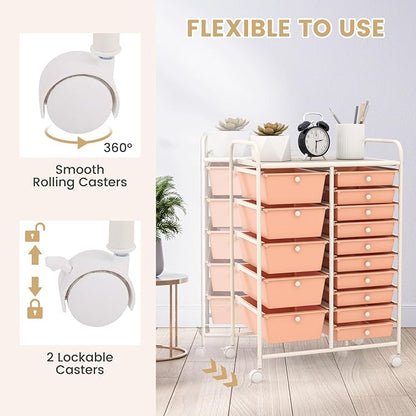 LDAILY 15 Drawer Rolling Storage Cart, Rolling Cart with Drawers for Classroom, Art Supply Craft Organizer on Wheel with Metal Frame & Handles for Home Office School