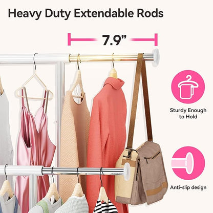SUFAUY Double Rod 80" Tall Rolling Clothing Garment Rack for Hanging Dresses Clothes, with Caseter Wheels & Adjustable Rod & Shelves, White