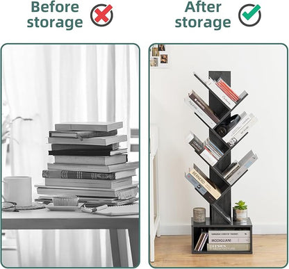 Yoobure Tree Bookshelf - 6 Shelf Retro Floor Standing Bookcase, Tall Wood Book Storage Rack for CDs/Movies, Utility Book Organizer Shelves for Bedroom, Living Room, Home Office, Dark Grey