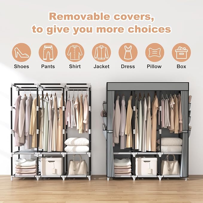 VTRIN Portable Closet Wardrobe for Hanging Clothes Closet with Cover, 3 Hanging rods, 6 Storage Shelves and Side Pocket, Diameter 19mm Metal Pipe, Sturdy Free Standing Closet for Bedroom