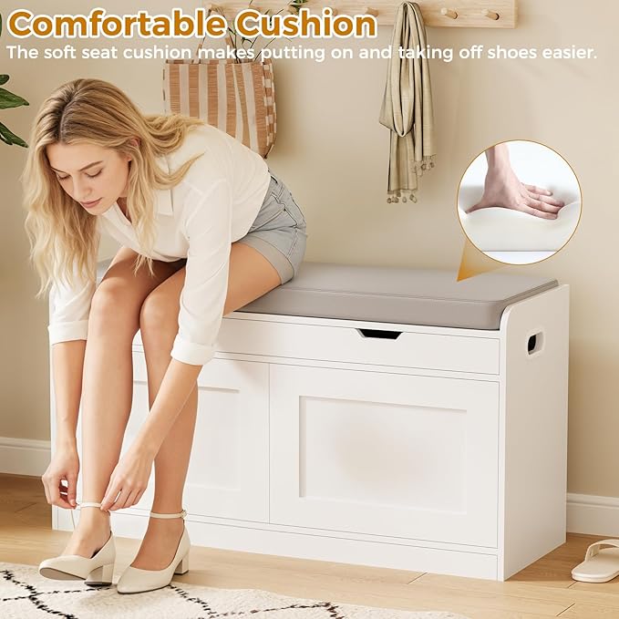 BEWISHOME Shoe Bench with Lift Top Storage, 2-Tier Storage Bench with Adjustable Shelf, Entryway Bench with Padded Seat Cushion, Wooden Shoe Organizer for Entryway Living Room Bedroom Hallway White