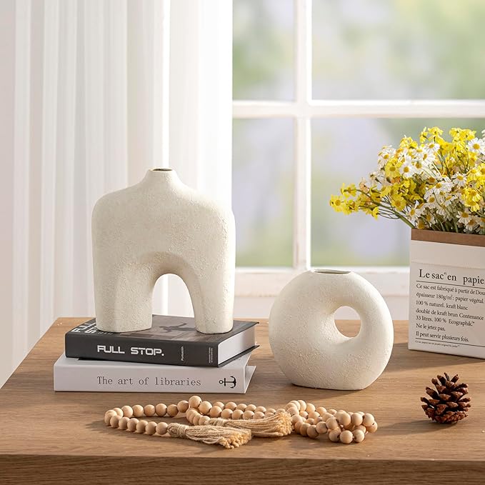 Dobbyby Ceramic Vase Set of 2, Modern Donut Vases for Minimalist Nordic Home Decor, Waterproof Round Vase, Decorative Centerpiece Vases for Living Room, Entryway, Table Decor (02-Rustic Cream)