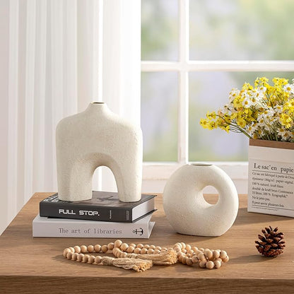 Dobbyby Ceramic Vase Set of 2, Modern Donut Vases for Minimalist Nordic Home Decor, Waterproof Round Vase, Decorative Centerpiece Vases for Living Room, Entryway, Table Decor (02-Rustic Cream)