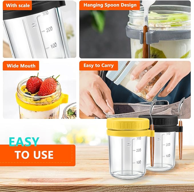 Overnight Oats Container - Yogurt Oatmeal Glass Canning with Lids and Spoon, 10 oz Cereals, Milk, Fruit Salad, with Measurement Marks (White+grey)