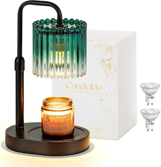 Candeldo Candle Warmer Lamp with Timer: Emerald Green Candle Warming Lamp with 2 Bulbs Height Adjustable Wax Melt Dimmable Bedroom Decor for Women