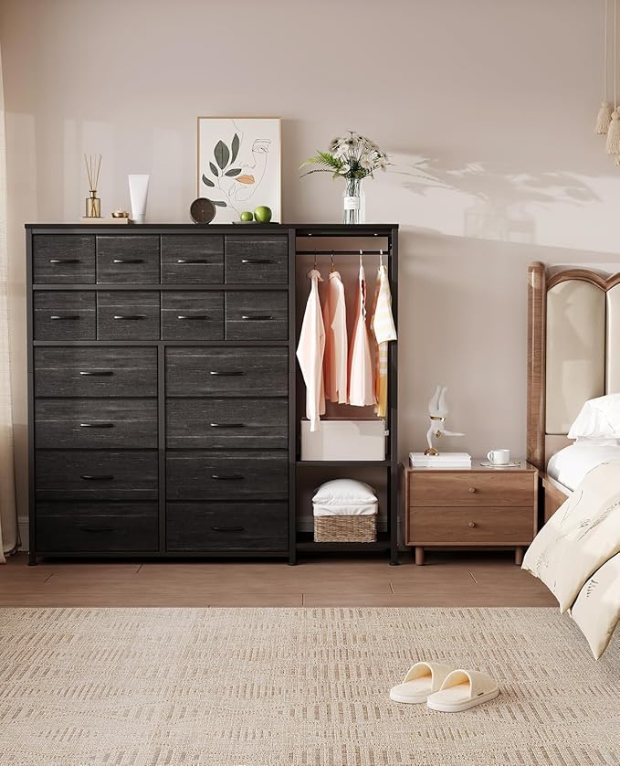 GarveeHome Dresser with 16 Drawers & Hanging Rod & Shelves, Fabric Storage Organizer for Bedroom, Closet, or Entryway