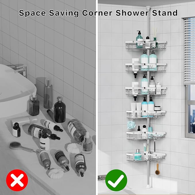 KEGII Corner Shower Caddy Tension Pole, Adjustable Shower Tension Rod Organizer, Floor to Ceiling Shower Caddy 25-114.2 inch, Silver