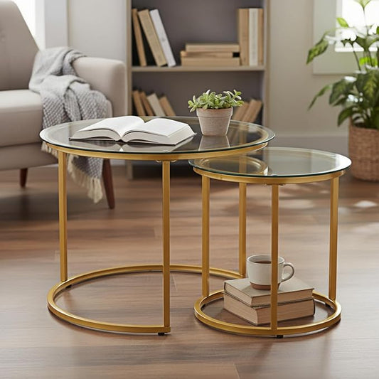Round Nesting Coffee Table Set of 2, Modern Glass Nesting Tables, Stacking Minimalist End Table for Living Room Bedroom Small Space, Clear Tempered Glass and Gold