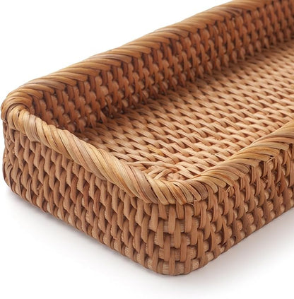 Rattan Bathroom Vanity Trays Toilet Tank Baskets Long Narrow Hand Towel Storage Basket for Storage, Decorative (Natural 10.2 x 4.9 x 1.6 inch)