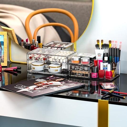 SUOXING Clear Acrylic Makeup Organizer for Vanity,Bathroom,Dresser,5 Drawer Make up Organizers for Counter,Plastic Countertop Makeup Storage for Beauty,Hair Accessory,Brush,Cosmetic,Skincare Organizer