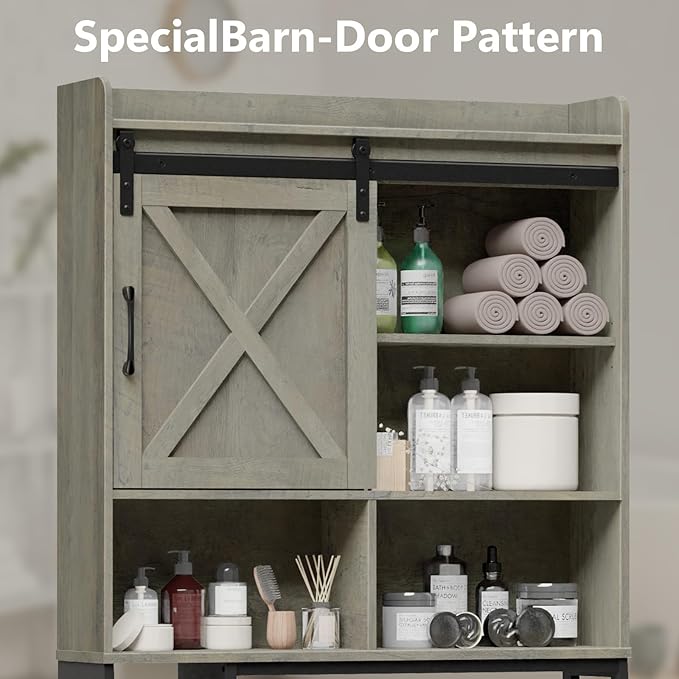 Vabches Over The Toilet Storage Cabinet, Farmhouse Storage Cabinet Over Toilet with Sliding Door & Toilet Paper Holder Stand, Home Space-Saving Toilet Rack for Bathroom, Restroom