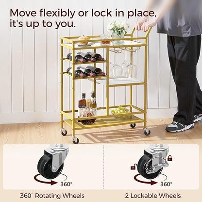 Bar Cart for Home, 3-Tier Serving Cart with Mirrored Top, Beverage Cart with Wine Rack and Glass Holder, Drink Cart with Wheels, for Dining Room, Living Room, Gold and White RCJM7101