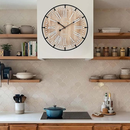 24 Inch Grand Farmhouse Wall Clock, Vintage-Inspired Wood & Metal Design with Large Etched Numbers, Silent Battery-Powered Timepiece for Offices, Kitchens, Bedrooms, and Living Rooms