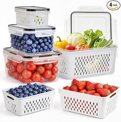 4 PCS Fruit Storage Containers for Fridge, Leakproof Produce Containers for Fridge with Removable Colander, Microwave/Dishwasher Safe Fruit Washing Bowl Keep Fruits, Vegetables, Berry Fresh longer
