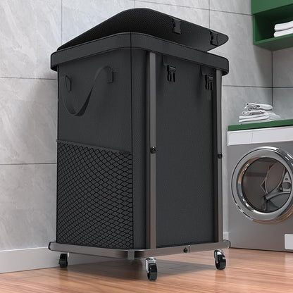40 Gal(150L) Laundry Basket with Lid, Rolling Laundry Hamper with Wheels, Dirty Clothes Hamper with Metal Frame and Removable Bag Design, Suitable for Laundry Room, Bedroom - Black
