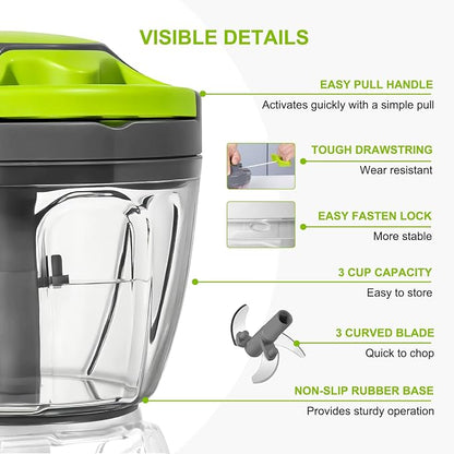 Manual Food Processor Vegetable Chopper, Portable Hand Pull String Garlic Mincer Onion Cutter for Veggies, Ginger, Fruits, Nuts, Herbs, etc., 650ml-Gray