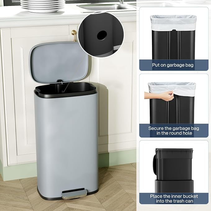 Arlopu 8/13.2 Gallon Step Trash Can, Stainless Steel Garbage Bin, Soft-Close Rubbish Bin with Removable Plastic Inner Bucket, Fingerprint-Proof, Lid Dustbin, Suit for Kitchen Home (Haze Blue, 50L)