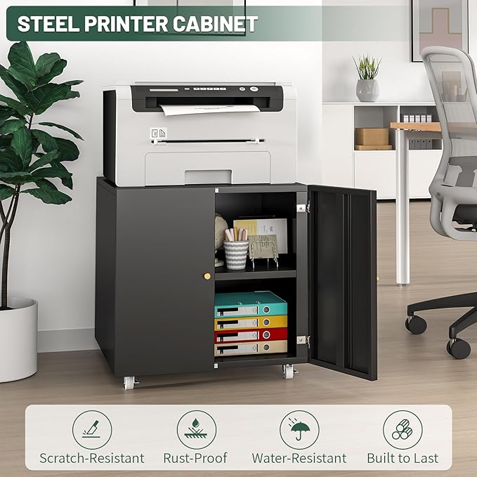 TEEALUBAN Printer Stand with Storage Cabinet with Wheels,3D Heavy Duty Metal Large Printer Table with Adjustable Shelf for Home Office, Mobile Printer Cart,Black,23.62" H