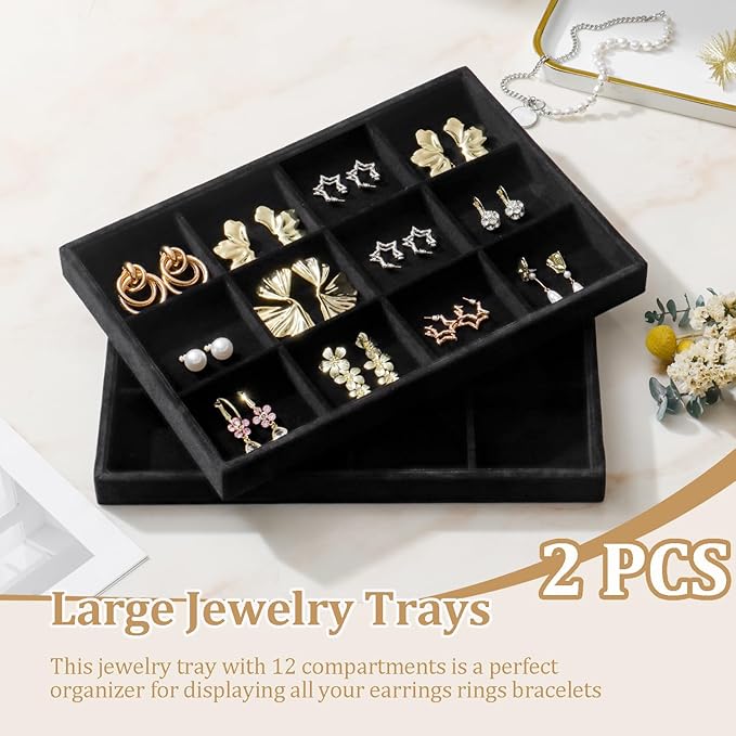 Large Velvet Jewelry Tray 2 Pack Stackable Jewelry Display Drawer Inserts Trays Organizer for Earring Bracelet Necklace Ring (Black, 12 Grids)