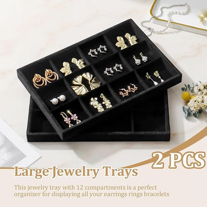 Large Velvet Jewelry Tray 2 Pack Stackable Jewelry Display Drawer Inserts Trays Organizer for Earring Bracelet Necklace Ring (Black, 12 Grids)