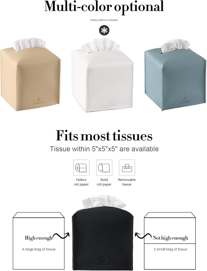Tissue Box Cover, Jeethemy Square PU Leather Tissue Box Holder, Modern Tissue Case Facial Paper Organizer Dispenser，5X5X5'',Double Black