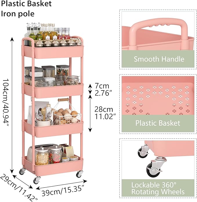 Sywhitta 4-Tier Plastic Rolling Utility Cart with Handle, Multi-Functional Storage Trolley for Office, Living Room, Kitchen, Movable Storage Organizer with Wheels, Pink