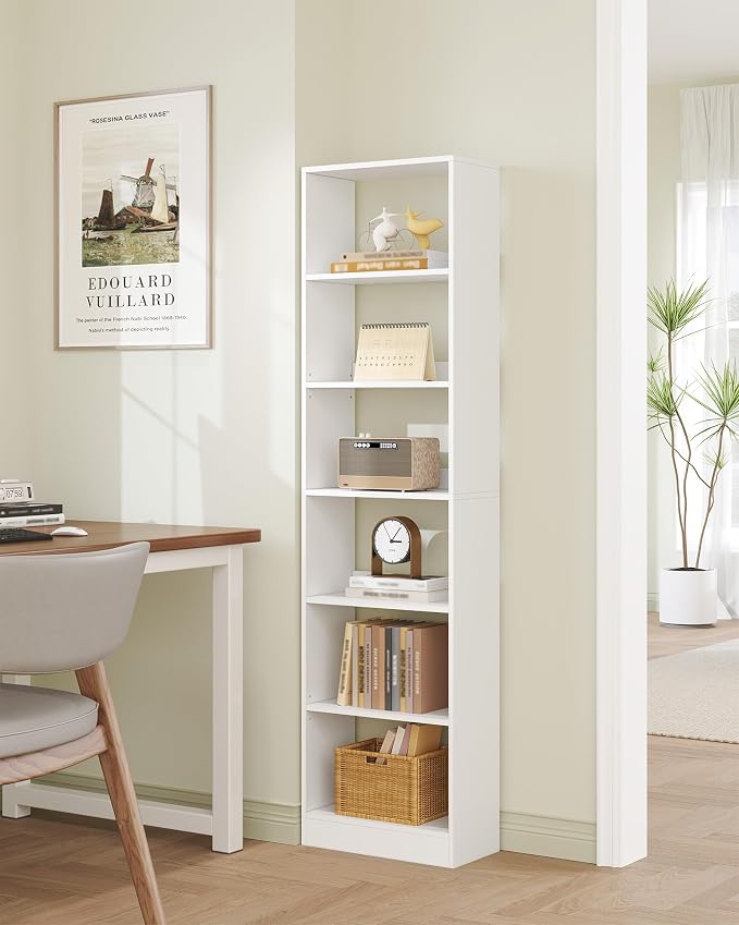 Hzuaneri Bookcase, Tall Narrow Bookshelf, Open Display Storage Shelf, Skinny Cube Book Shelf with Adjustable Shelves, CD Rack for Living Room, Home Office 6-Tier(9.4 x 19.7X 72 inch) White BC59603X