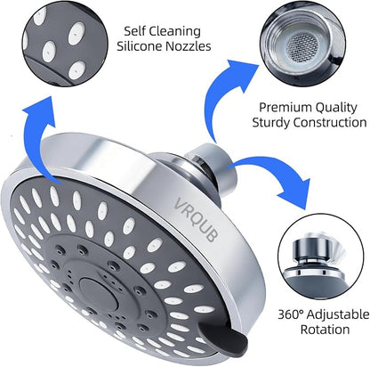 High Pressure Fixed Showerheads,5-Mode High Flow Fixed Showerheads,4inch Rain Shower Heads with adjustable Metal Swivel Ball Jiont