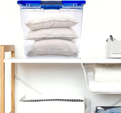 HOMZ Clear Plastic Storage Bins with Snaplock Secure Latching Lids | Easy Grip Handles | Stackable & Nestable Organizing Totes | Blue Lid | 64 Quart, Pack of 2