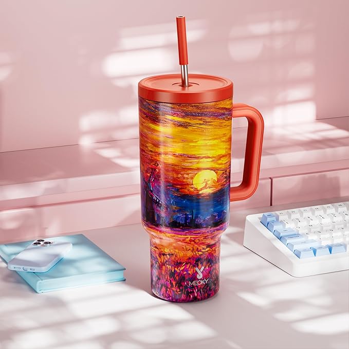Meoky 40 oz Tumbler with Handle and Straw: Stainless Steel Insulated Tumbler with Lid and Straw - 100% Leak Proof Tumbler for Car Cup Holders - Travelers Commuters Workers, Sunrise