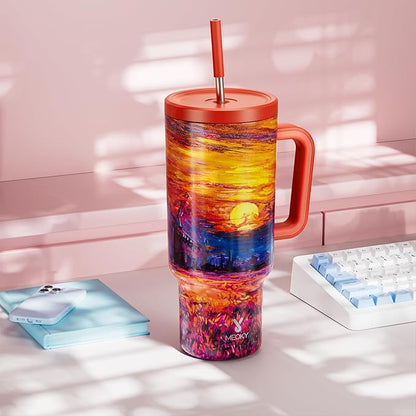 Meoky 40 oz Tumbler with Handle and Straw: Stainless Steel Insulated Tumbler with Lid and Straw - 100% Leak Proof Tumbler for Car Cup Holders - Travelers Commuters Workers, Sunrise