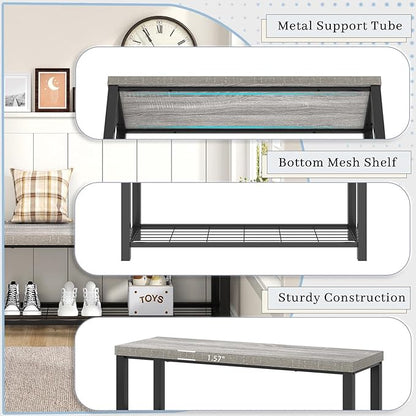 FOLUBAN Entryway Bench, Vintage Wood and Metal Storage Bench with Metal Shelf, Indoor Shoe Rack Bench Seat for Living Room, Bedroom, Hallway, Entrance, Light Grey, 47 Inch