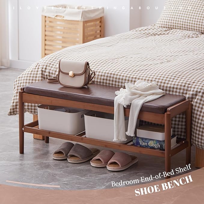 Shoe Rack Bench Entryway Bamboo Shoe Storage Bench with Leather Cushion 2 Tiers Shoe Rack Entryway Bench for Hallway, Living Room,Bedroom(Walnut Bench top+Brown Frame)