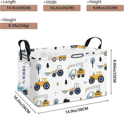 Rectangular Construction Vehicle Storage Basket for Boys,Collapsible Fabric Toy Storage Bin with Handles,Cute Excavator Tractor Truck Organizer for Kids Room,Nursery,Playroom,Closet (Excavator)